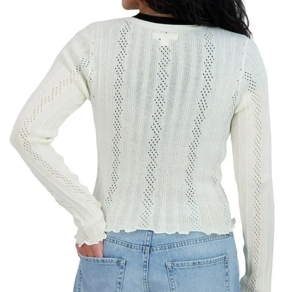 Aeropostale Womens Cropped Cardigan White V-Neck Lettuce Trim Size S